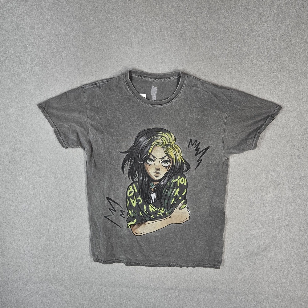 Billie Eilish Men Shirt M Gray Graphic Anime Portrait Short Sleeve Crew Neck